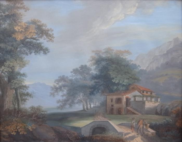 Landschaft mit Haus und Brücke