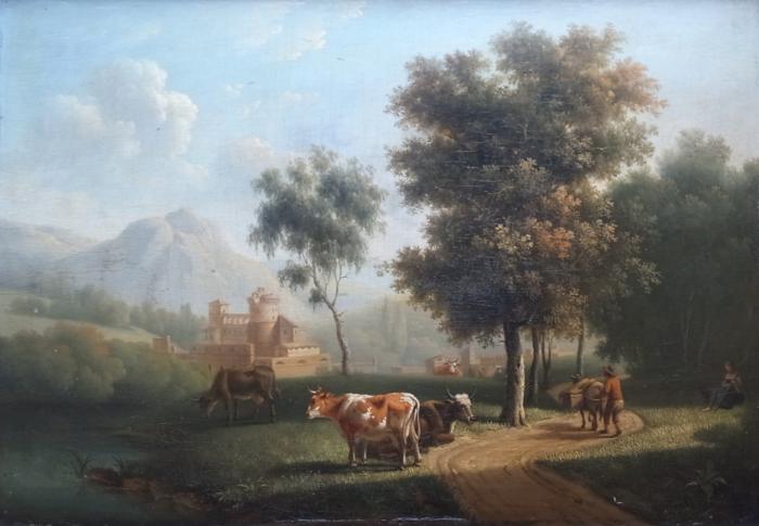 romantische Landschaft mit Gehöft und Kühen